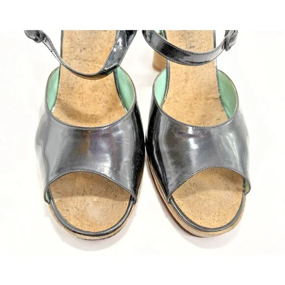 Chanel "Chateau Chanel" Wine Cork Heel Pumps Black Patent w Blue Accent Sz 37.5 - Picture 8 of 12